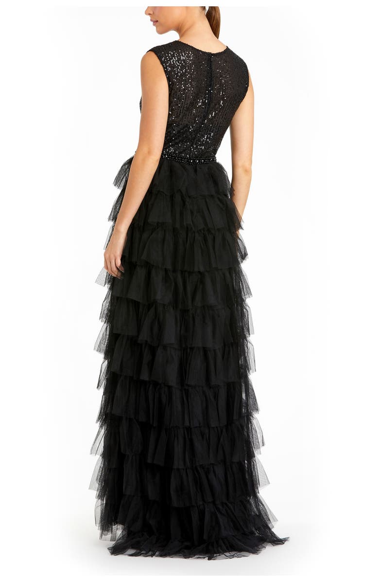 Mac Duggal Ruffle Tiered Sequin High Neck Gown, Alternate, color, Black