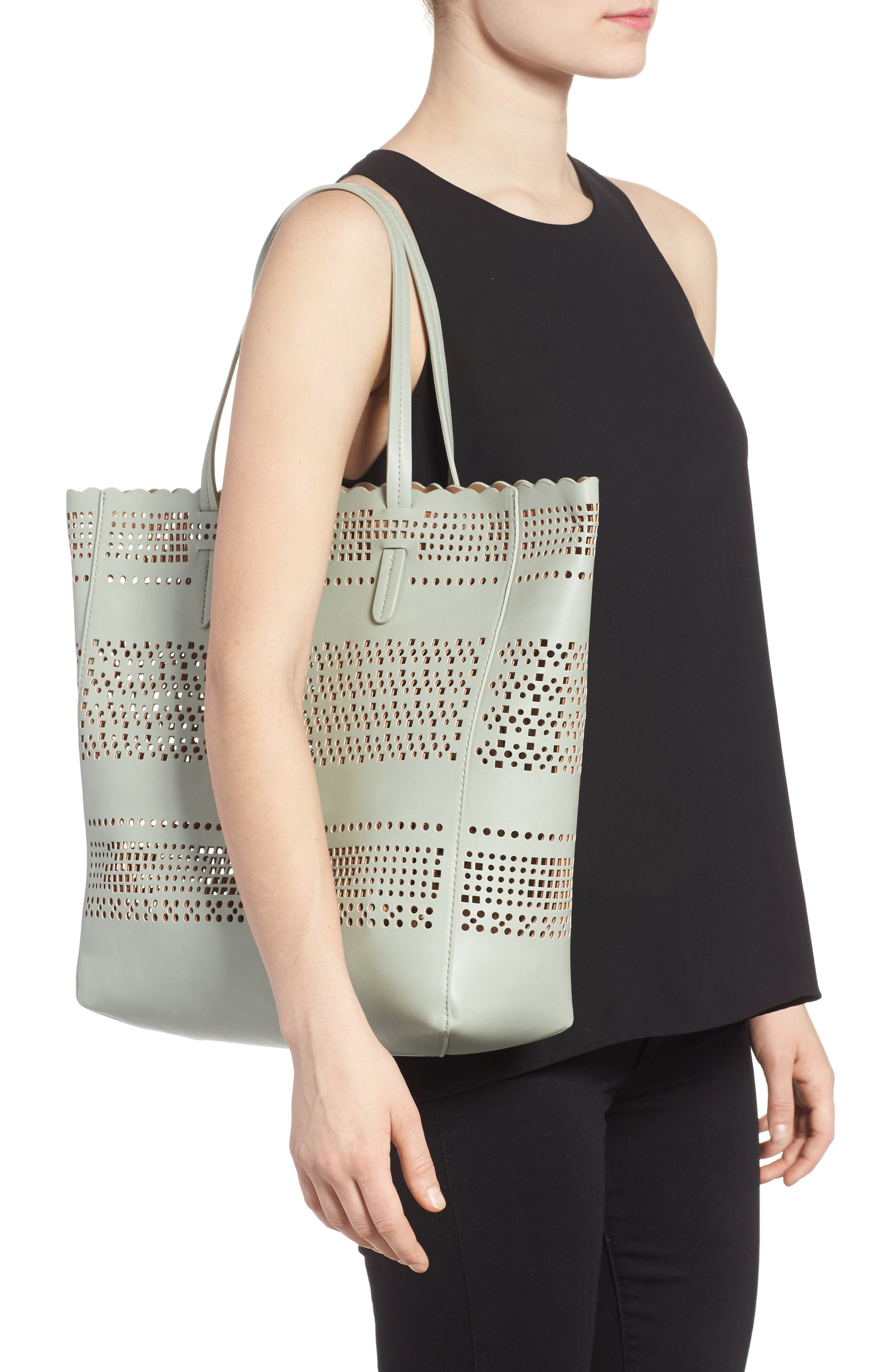 Casey Geometric Cutout Faux Leather Tote & Pouch, Alternate, color, GREEN AQUA