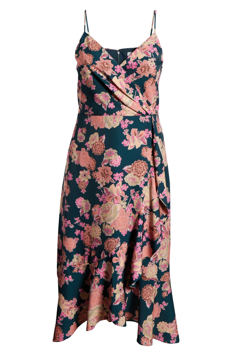 Chelsea28 Floral Faux Wrap Midi Dress, Alternate, color, Green- Coral Paradise Floral