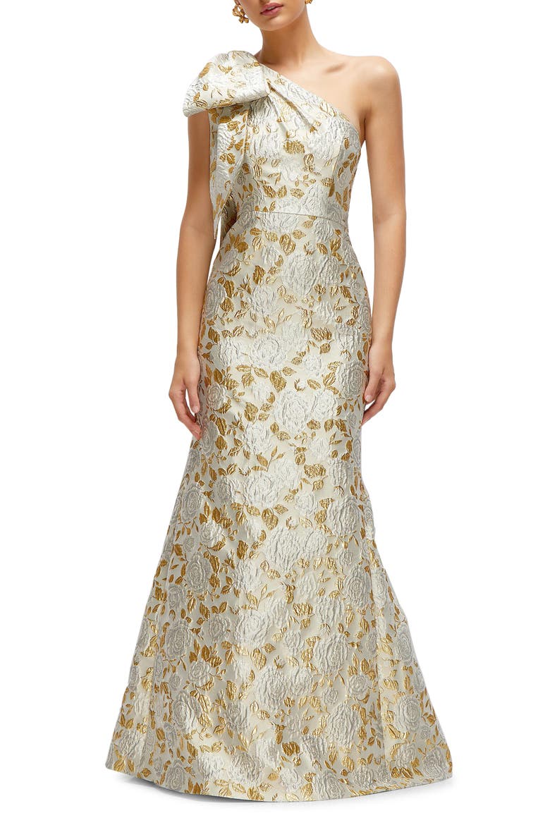 One-Shoulder Metallic Jacquard Trumpet Gown, Main, color, WINTER ROSE