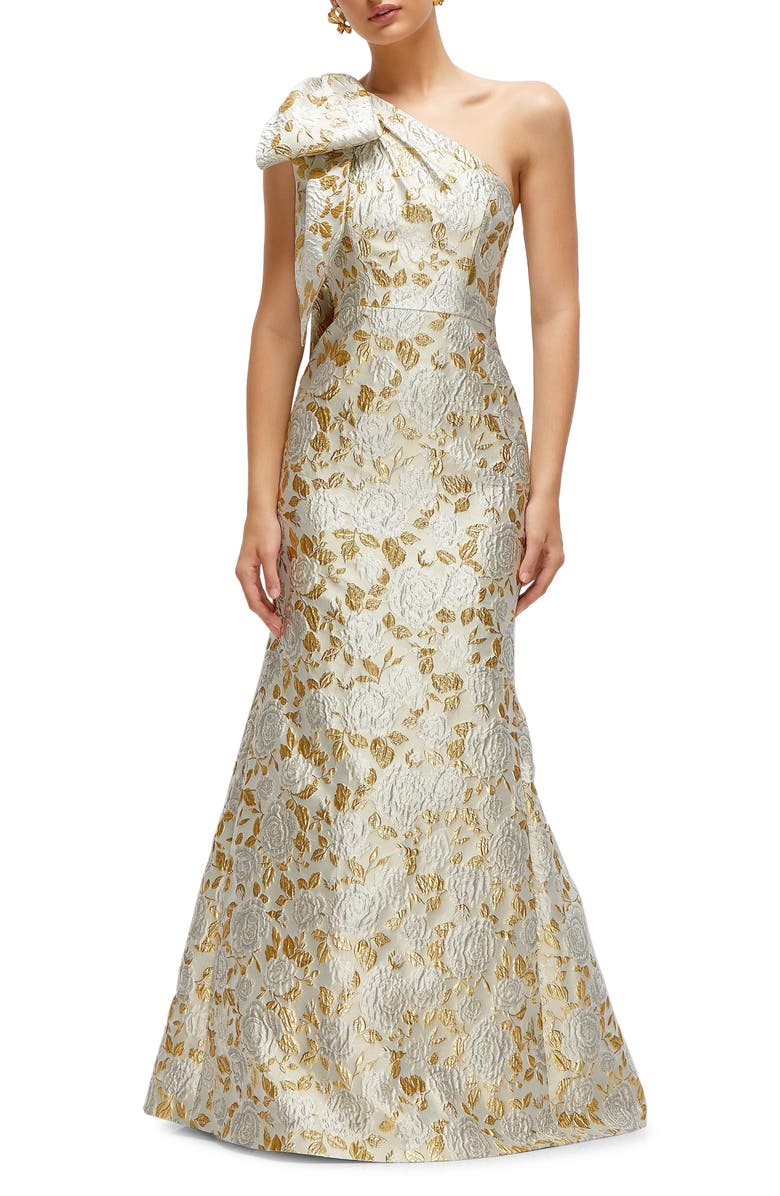 Alfred Sung One-Shoulder Metallic Jacquard Trumpet Gown, Main, color, Winter Rose