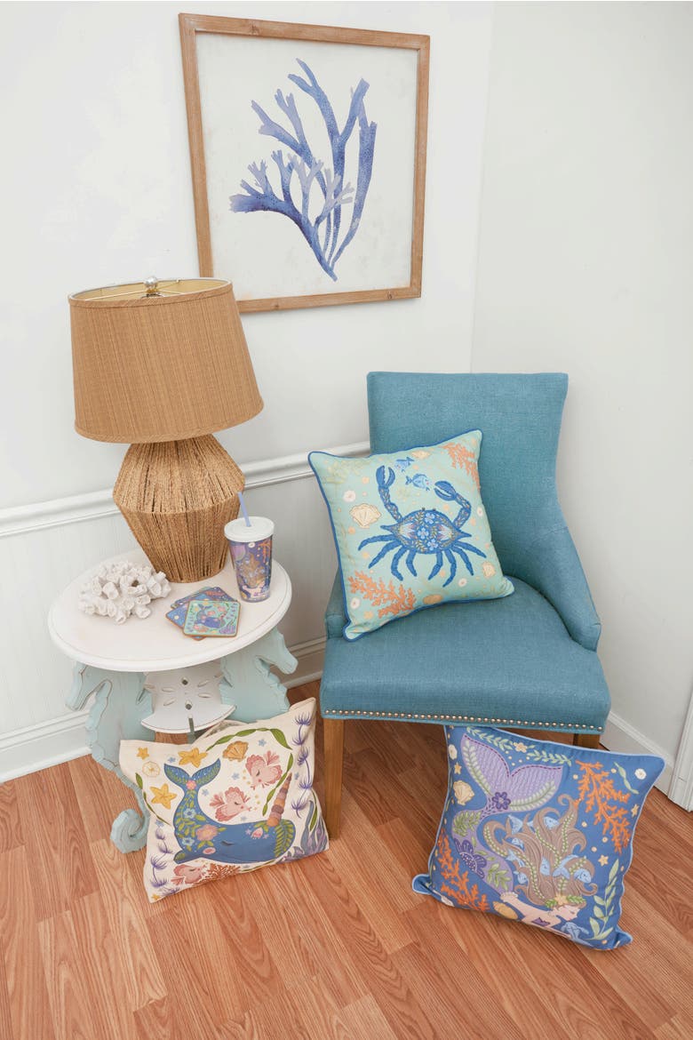 Blue Crab Coral Printed & Embellished Throw Pillow, Alternate, color, Blue