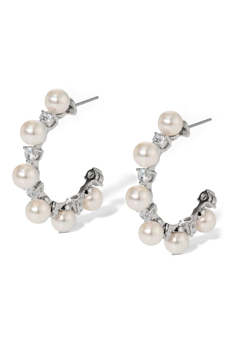 Cubic Zirconia & Faux Pearl Hoop Earrings, Main, color, RHODIUM