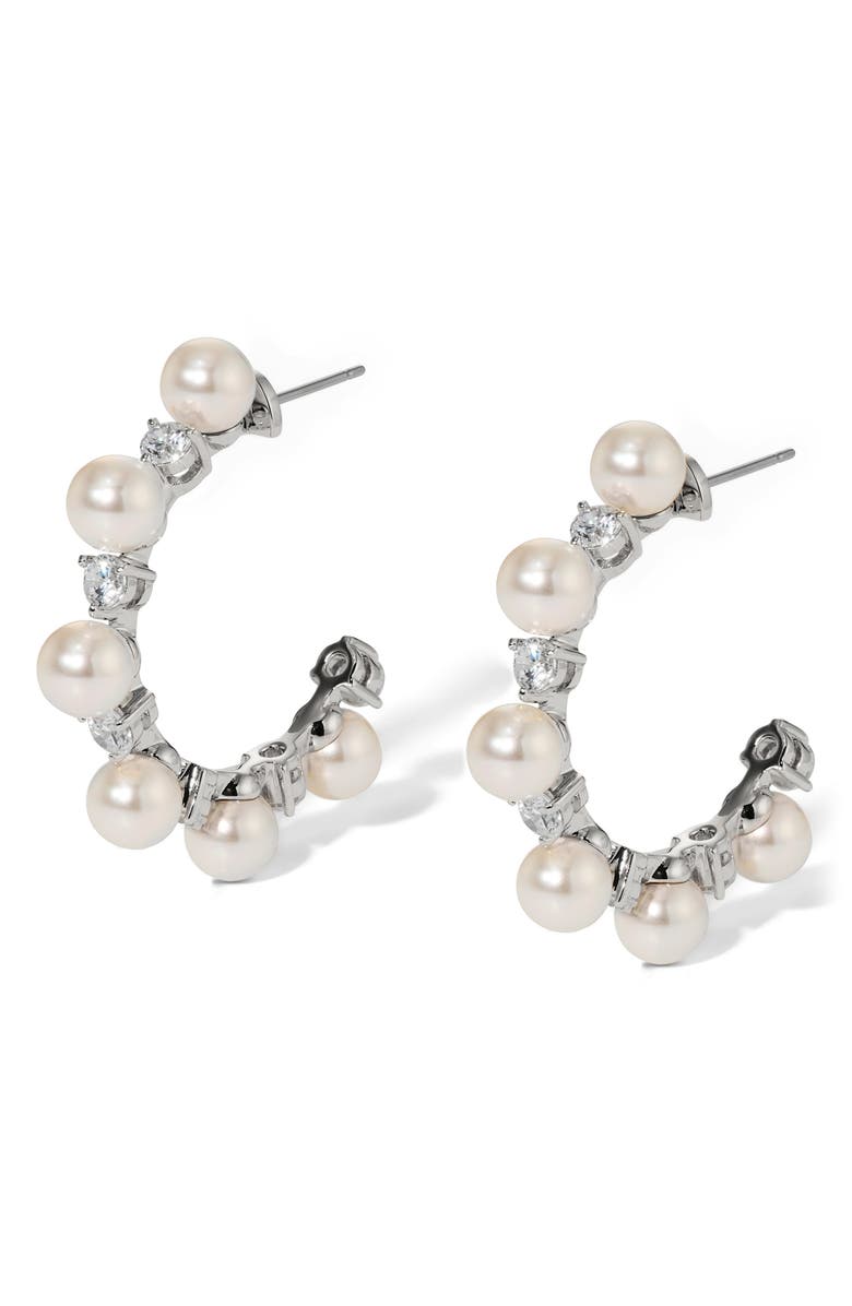Nadri Cubic Zirconia & Faux Pearl Hoop Earrings, Main, color, Rhodium