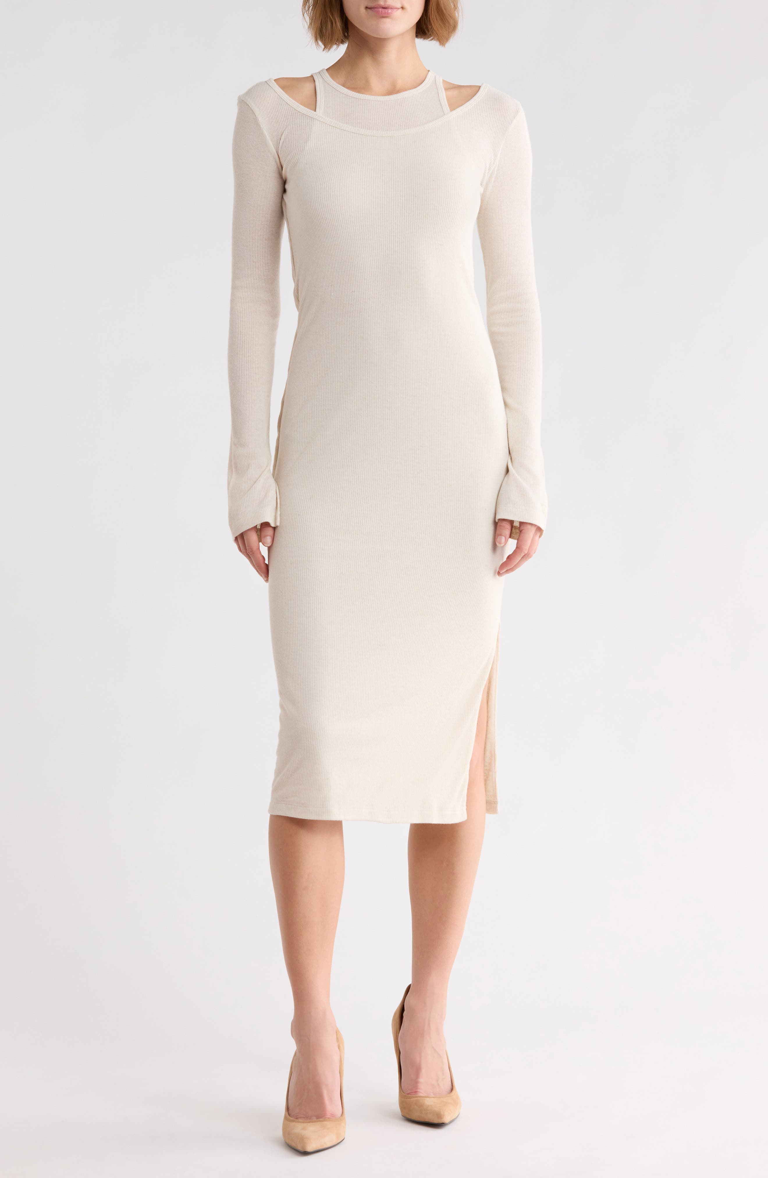 Ecna Cold Shoulder Ribbed Midi Dress