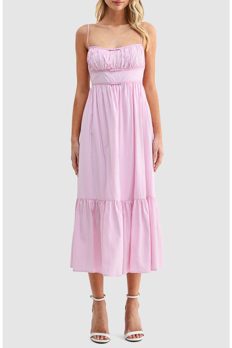 Stripe Bow Detail Ruffle Hem Midi Dress, Main, color, PINK STRIPE