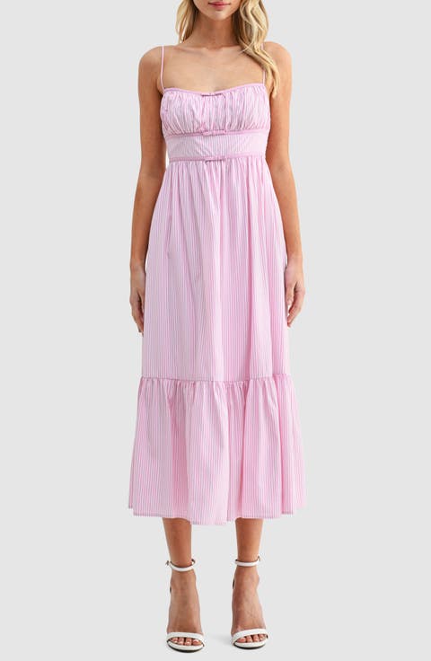 Stripe Bow Detail Ruffle Hem Midi Dress