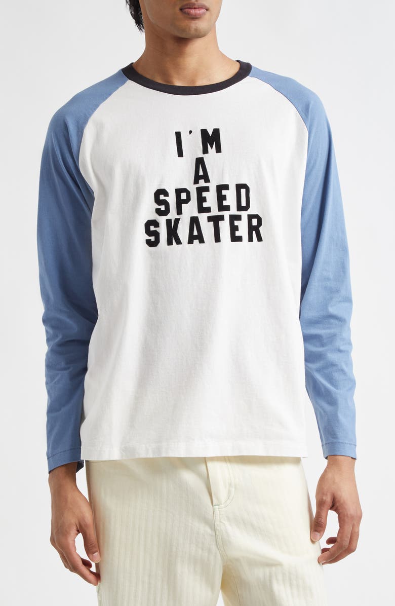 Bode Skater Flocked Baseball T-Shirt, Main, color, Blue/ Cream