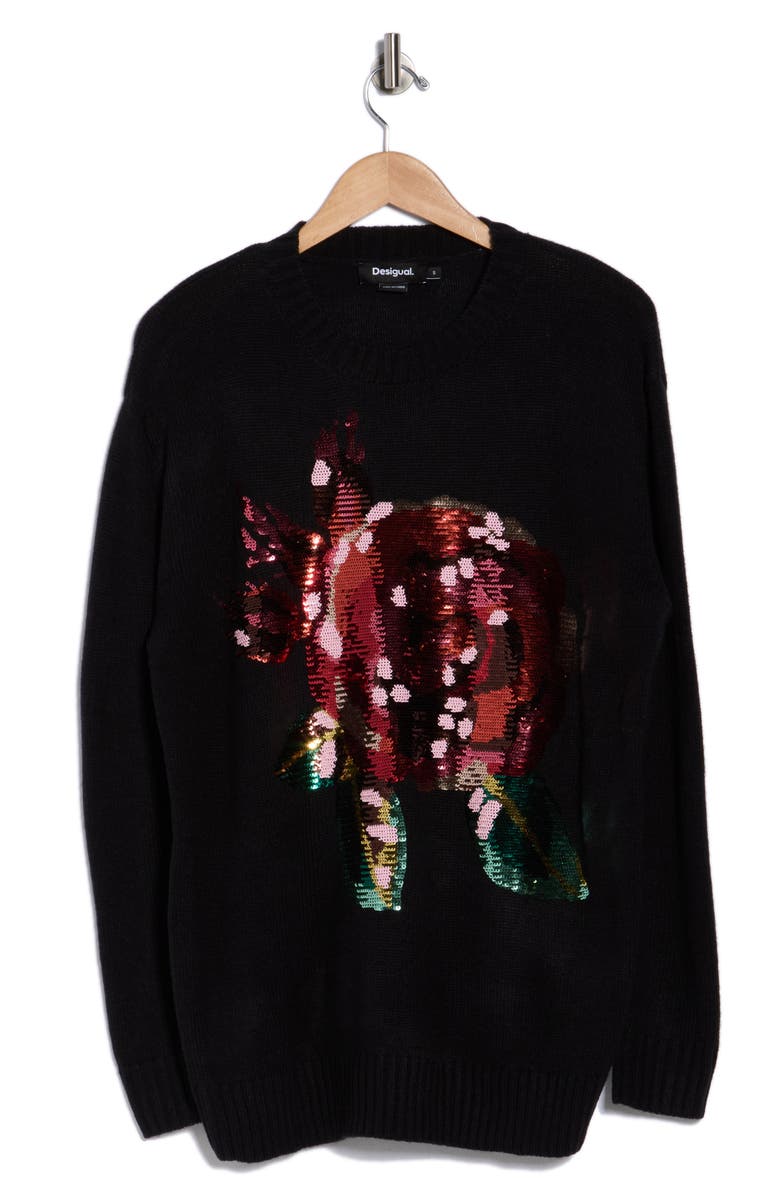 Desigual Sequin Knit Sweater, Alternate, color, Black