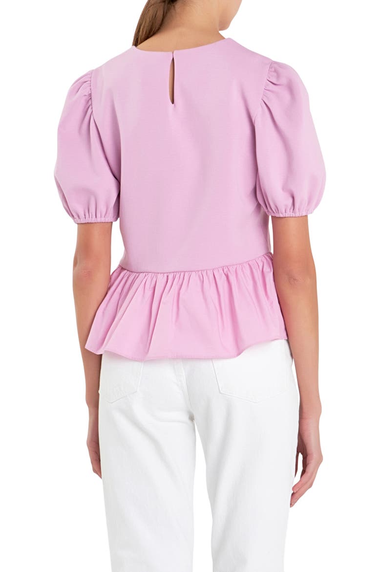 Mixed Media Puff Sleeve Peplum Top, Alternate, color, LAVENDER