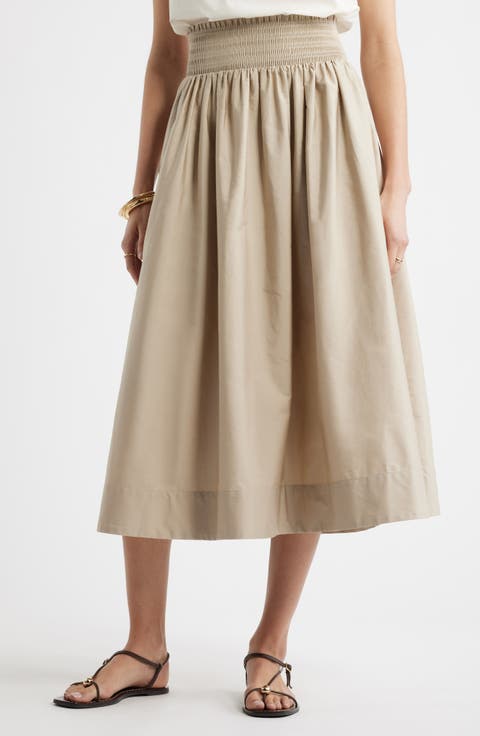 Smocked Cotton Midi Skirt