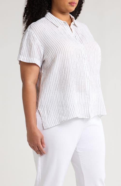 Eileen Fisher Stripe Organic Linen Button-up Shirt In White