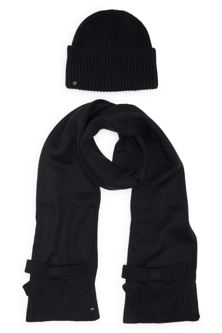 Bow Cuff Hat & Scarf Set, Alternate, color, BLACK