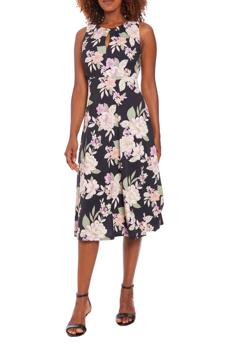 London Times Floral Print Sleeveless Dress, Main, color, Black Multi