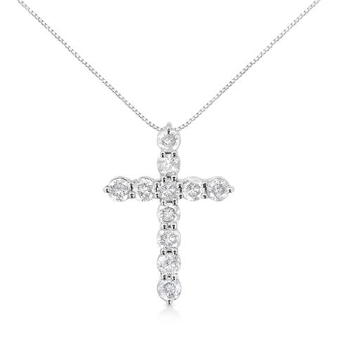 Silver 1.0 Cttw Prong Set Diamond Cross 18" Pendant Necklace