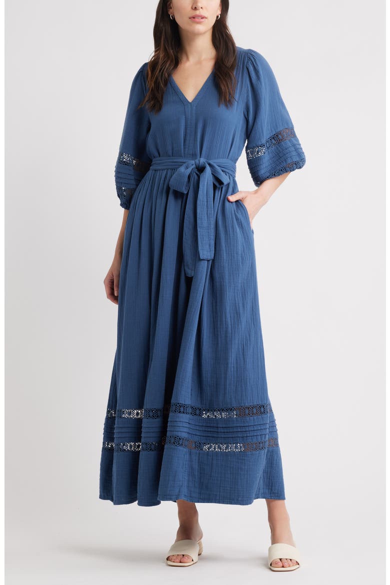 Belted Cotton Maxi Dress, Main, color, NAVY DENIM