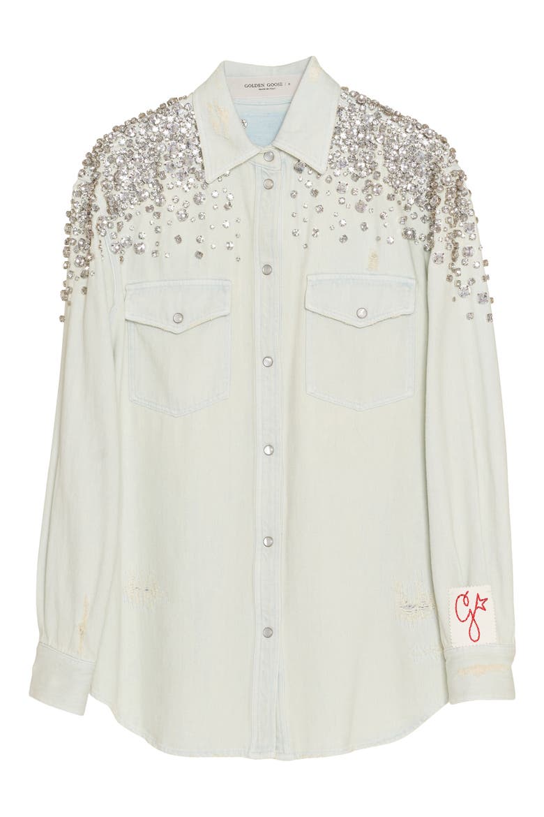 Crystal Embellished Boyfriend Denim Shirt, Alternate, color, BLUE