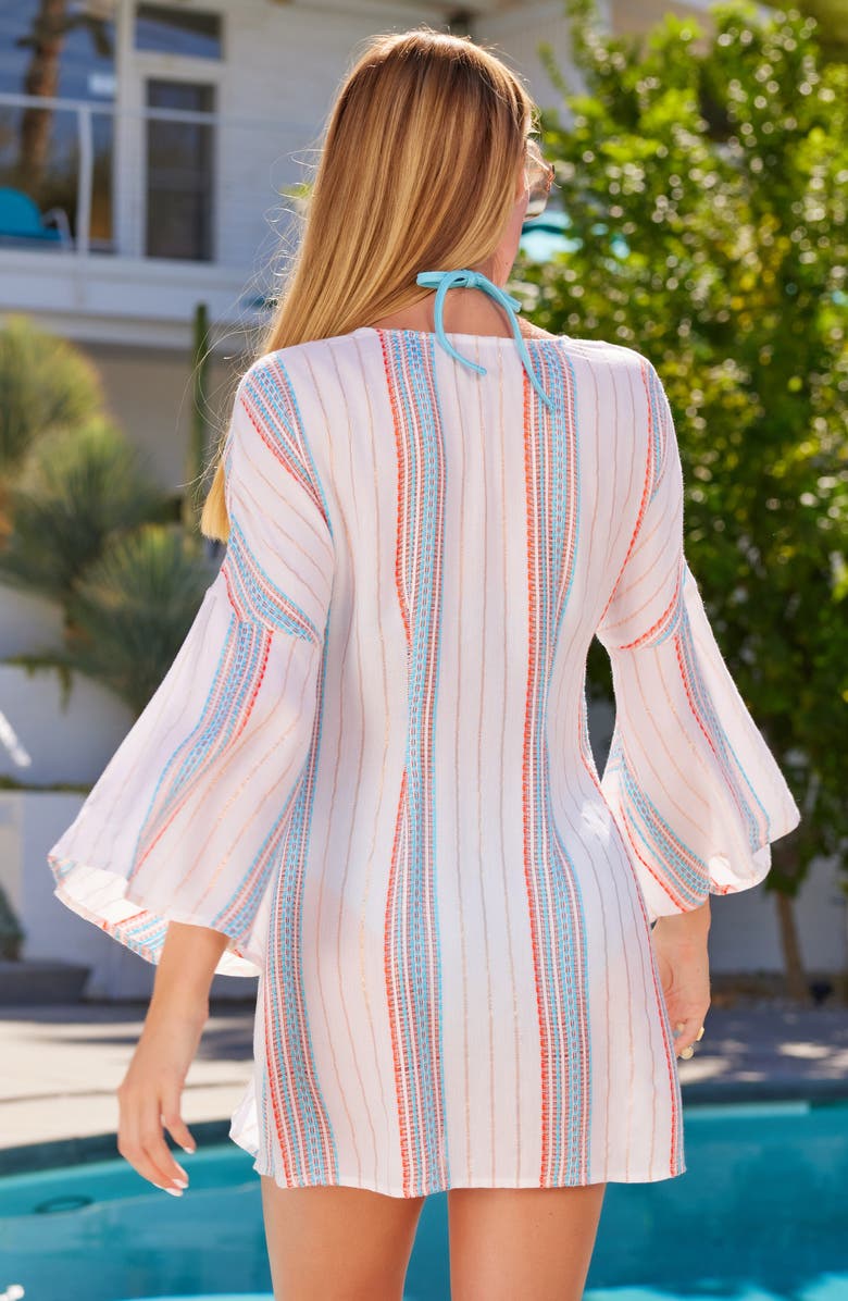 Becca Radiance V-Neck Long Sleeve Cover-Up Tunic, Alternate, color, White/ Coral/ Oasis Stripe