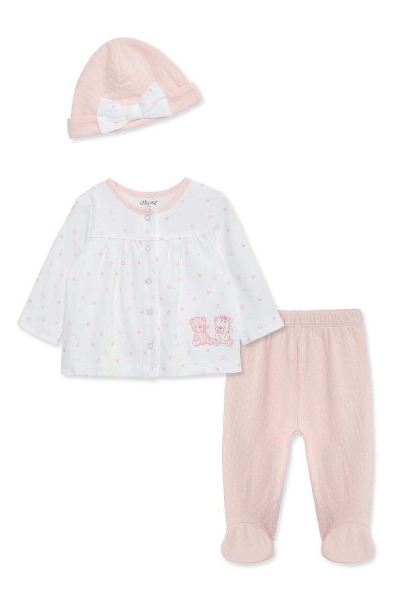 Little Me Joyful Cardigan, Diamond Quilt Pants & Cap Set, Main, color, 