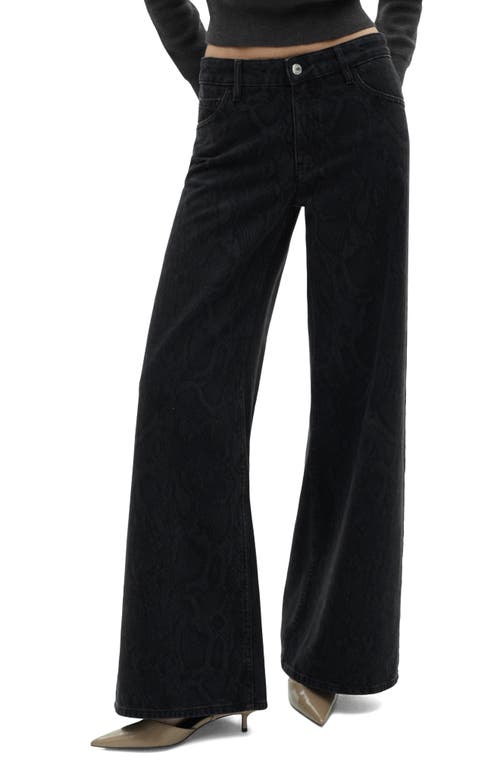 Shop Mango Snakeskin Effect Faux Leather Wide Leg Jeans In Black Denim