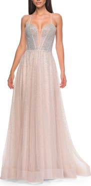 La Femme Prom Gown with Rhinestone Tulle and Illusion Corset Bodice