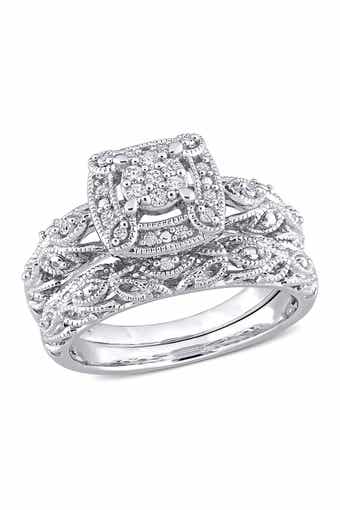 DELMAR Set of 2 Sterling Silver Pavé Diamond Filigree Rings - 0.19ct.