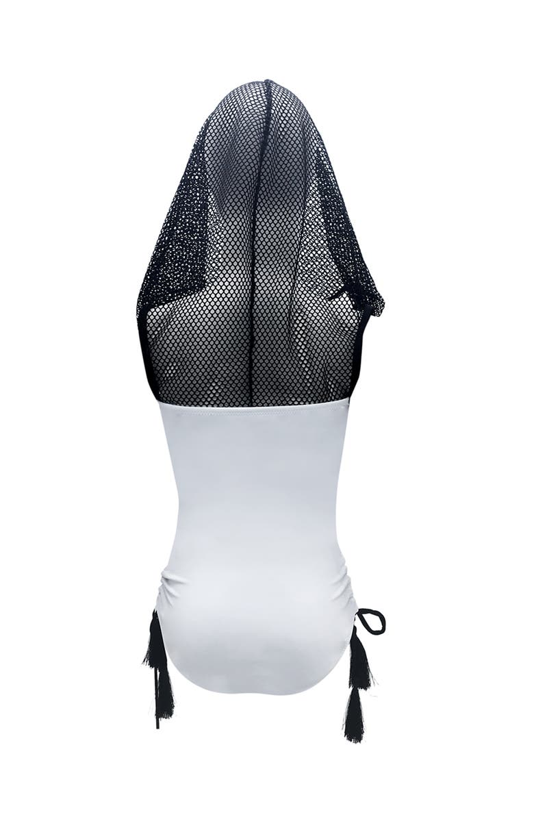 NESSI BYRD Sport Mesh Hooded with Tassel Side-Ties One-Piece Swimsuit,, Alternate, color, White