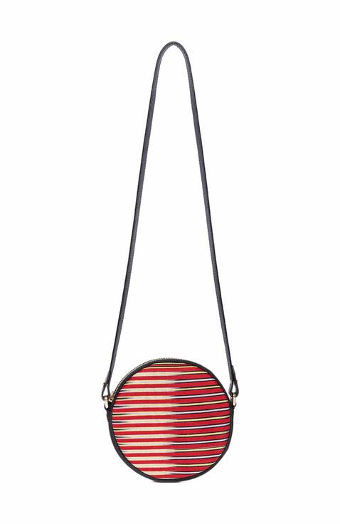 Genuine Leather & Striped Fabric Pattern Crossbody Bag