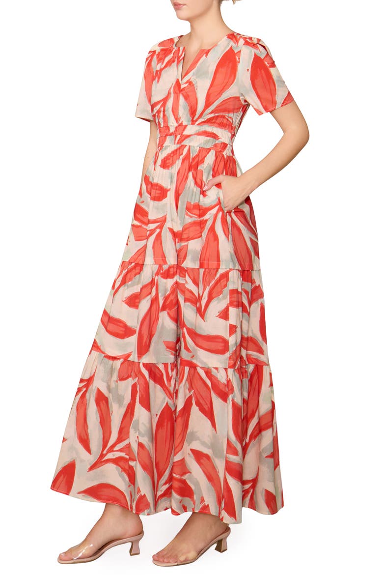 Short Sleeve Tiered Maxi Dress, Alternate, color, BONE CAMELIA LEAF