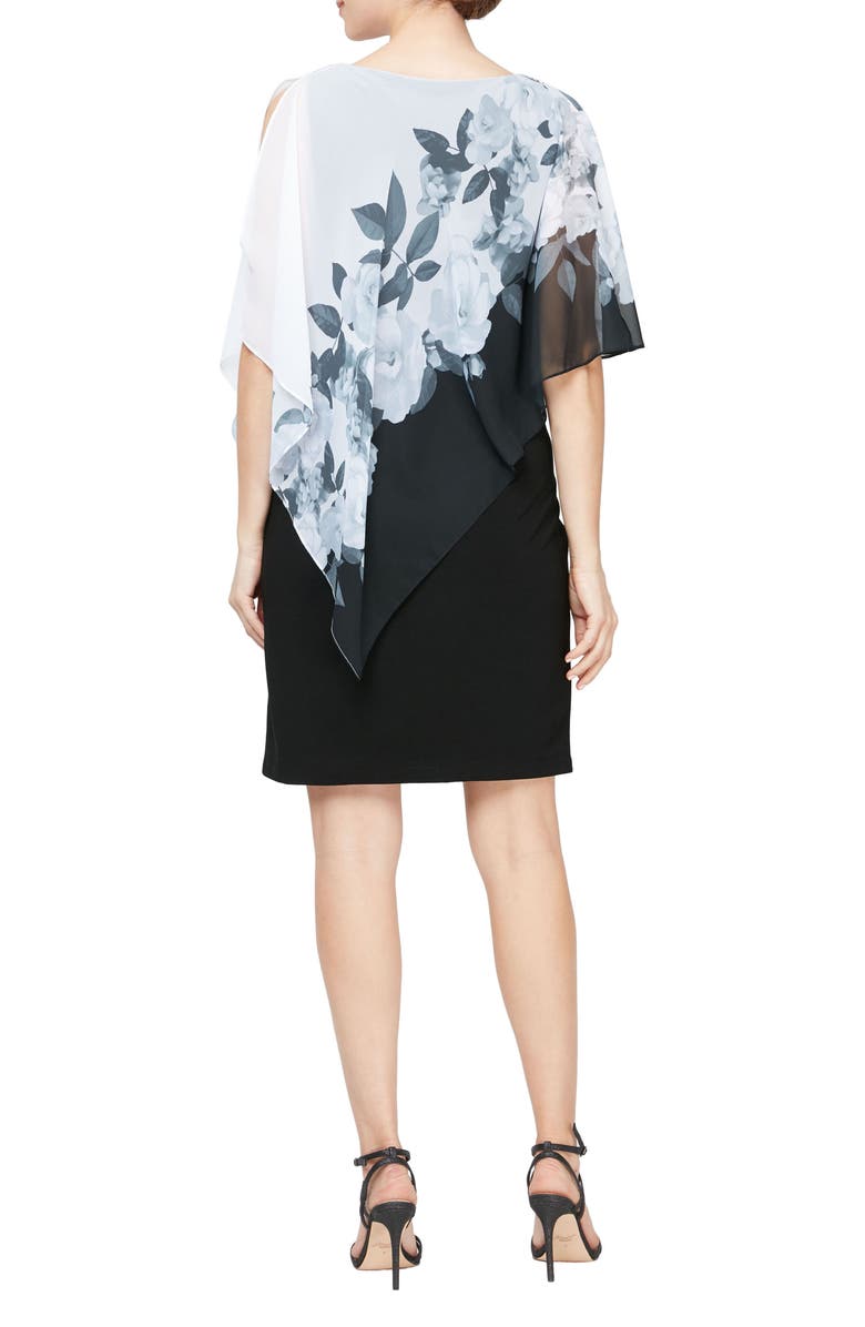 SL FASHIONS Floral Asymmetric Popover Capelet Sheath Dress, Alternate, color, 