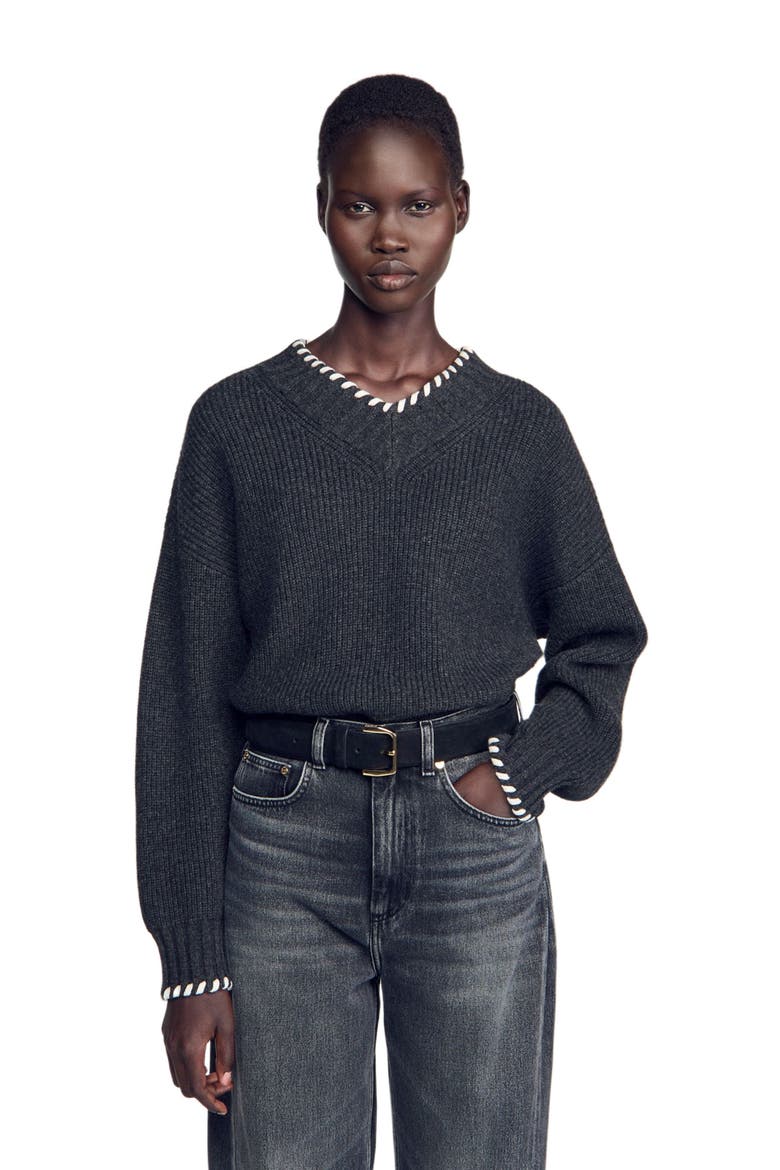 Braided V-neck sweater, Alternate, color, Grey