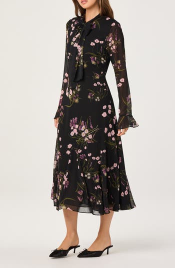 Floral Tie Neck Long Sleeve Dress
