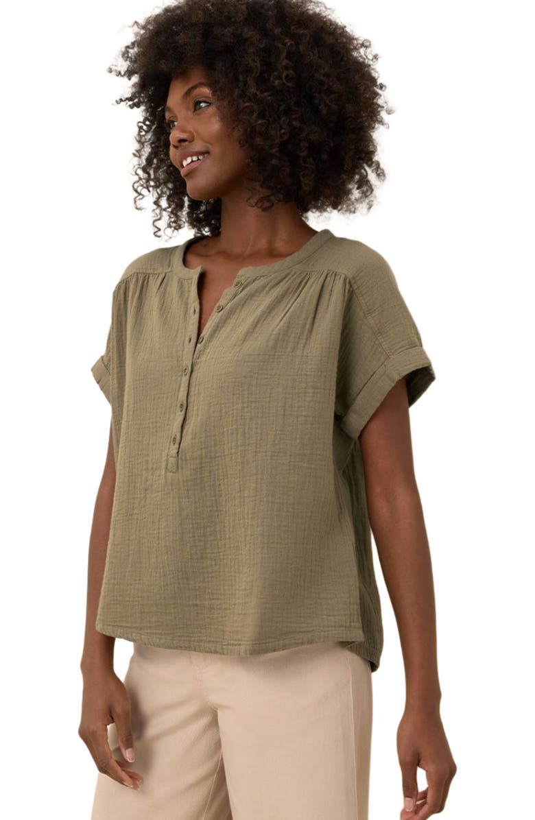 Pact Organic Cotton Coastal Double Gauze Short Sleeve Popover, Alternate, color, Khaki Green
