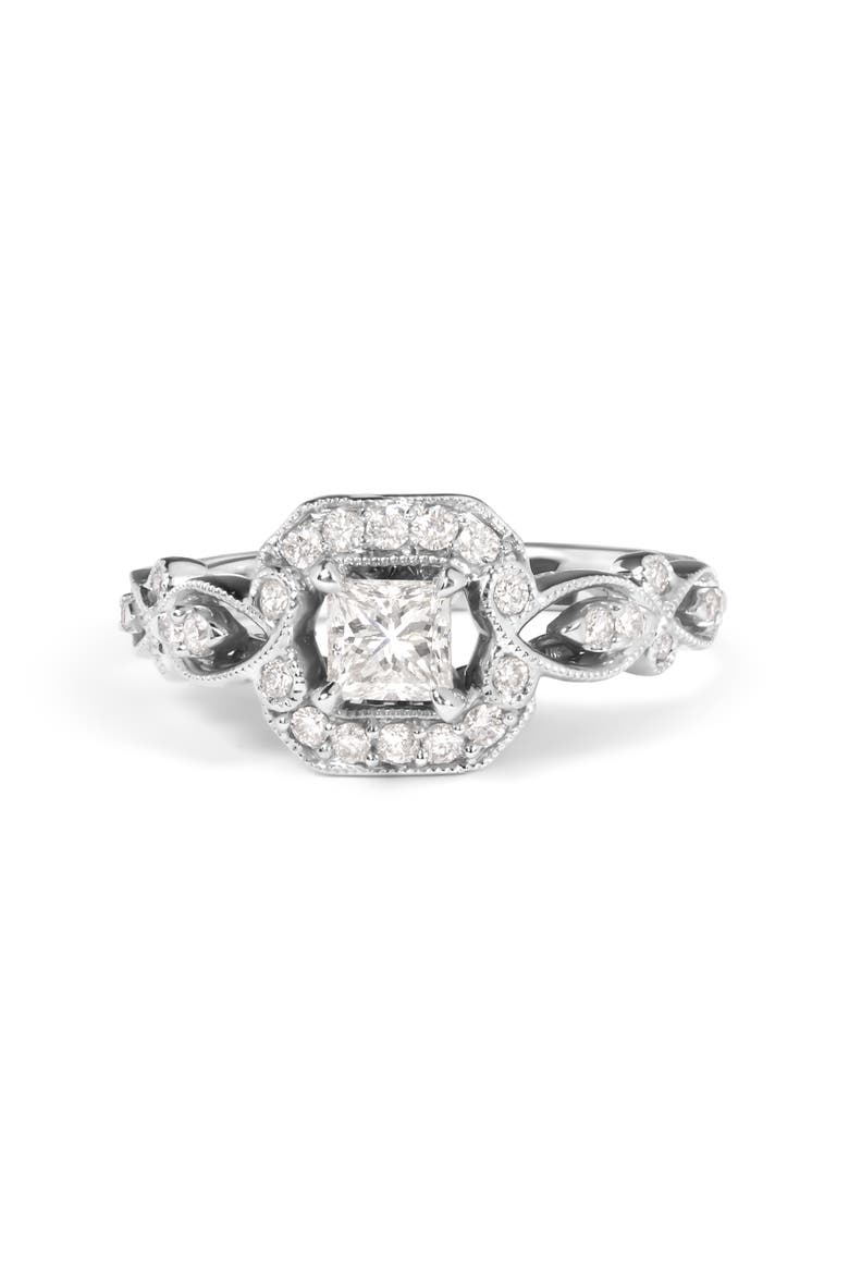 14K White Gold Diamond 3/4 Cttw Diamond Halo Style and Woven Shank Engagement Ring, Main, color, White