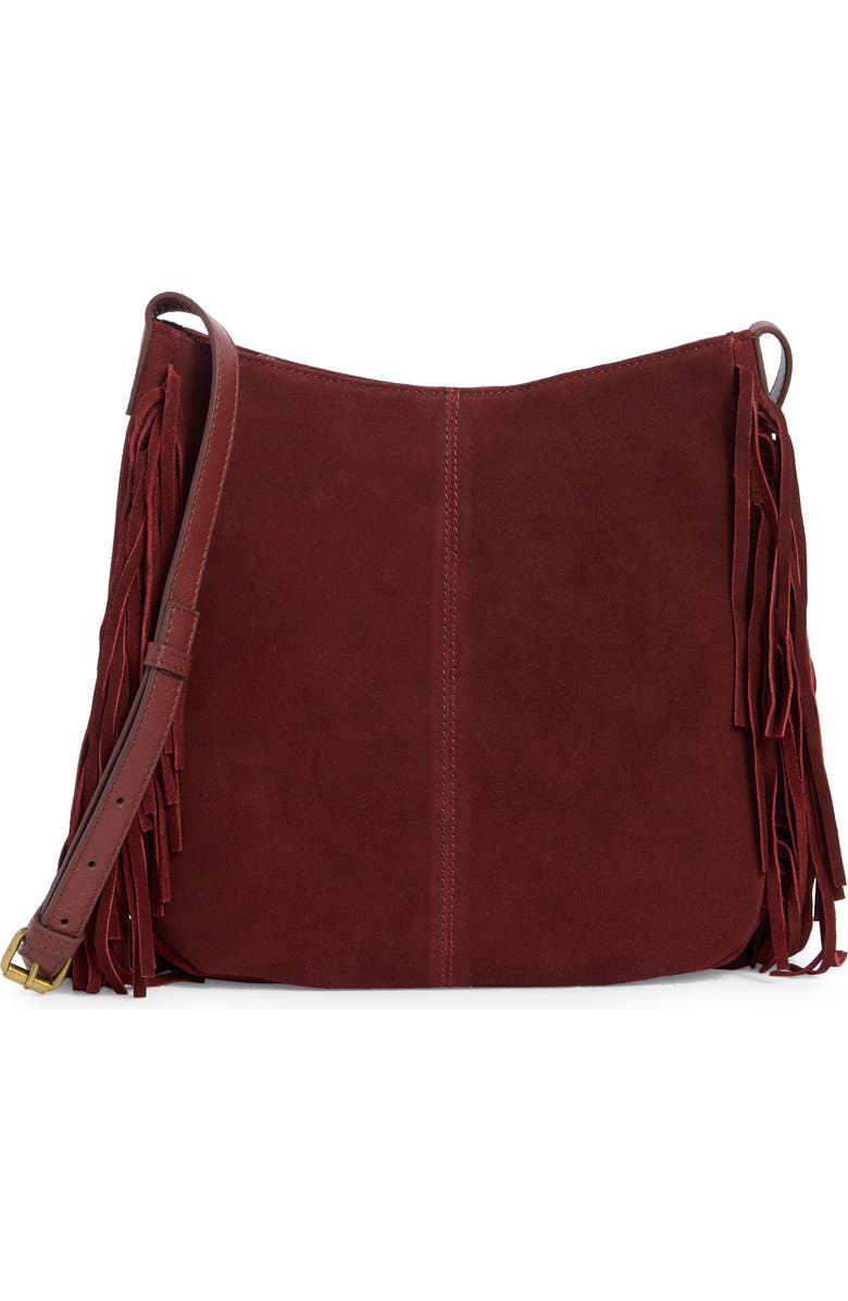 Lucky Brand Bran Nyra Suede Fringe Crossbody Bag, Main, color, Red Dahlia
