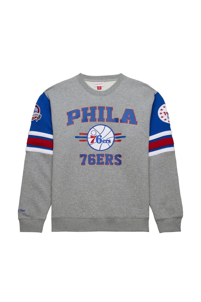 Men's Mitchell & Ness Heather Gray Philadelphia 76ers Hardwood Classics All Over 4.0 Pullover Sweatshirt, Alternate, color, Heather Gray