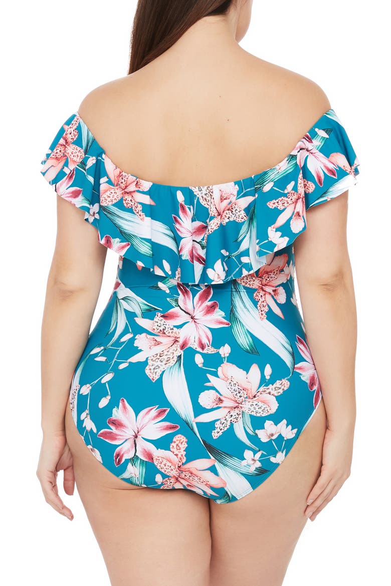 Off the Shoulder One-Piece Swimsuit, Alternate, color, CARIBBEAN CURRENT