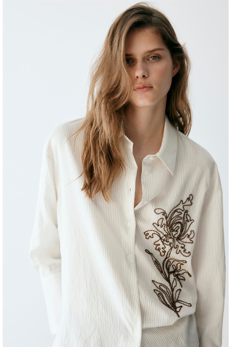 Stripe Floral Beaded Embroidered Button-Up Shirt, Alternate, color, OFF WHITE