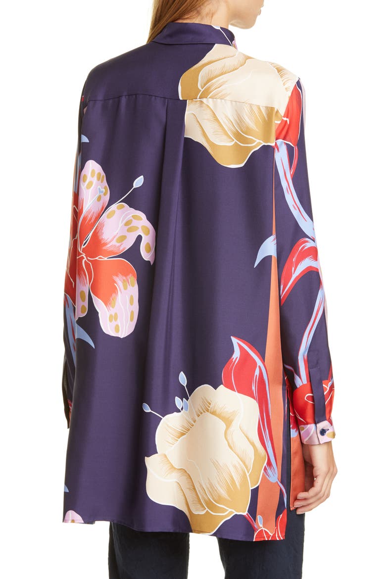 Large Lily Print Silk Tunic Shirt, Alternate, color, NAVY
