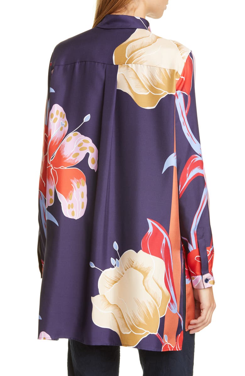 Etro Large Lily Print Silk Tunic Shirt, Alternate, color, 