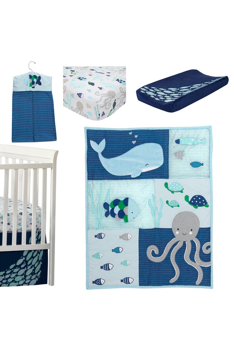 Oceania Whale with Octopus and Fish Nautical Ocean 6-Piece Nursery Baby Crib Bedding Set, Main, color, Blue