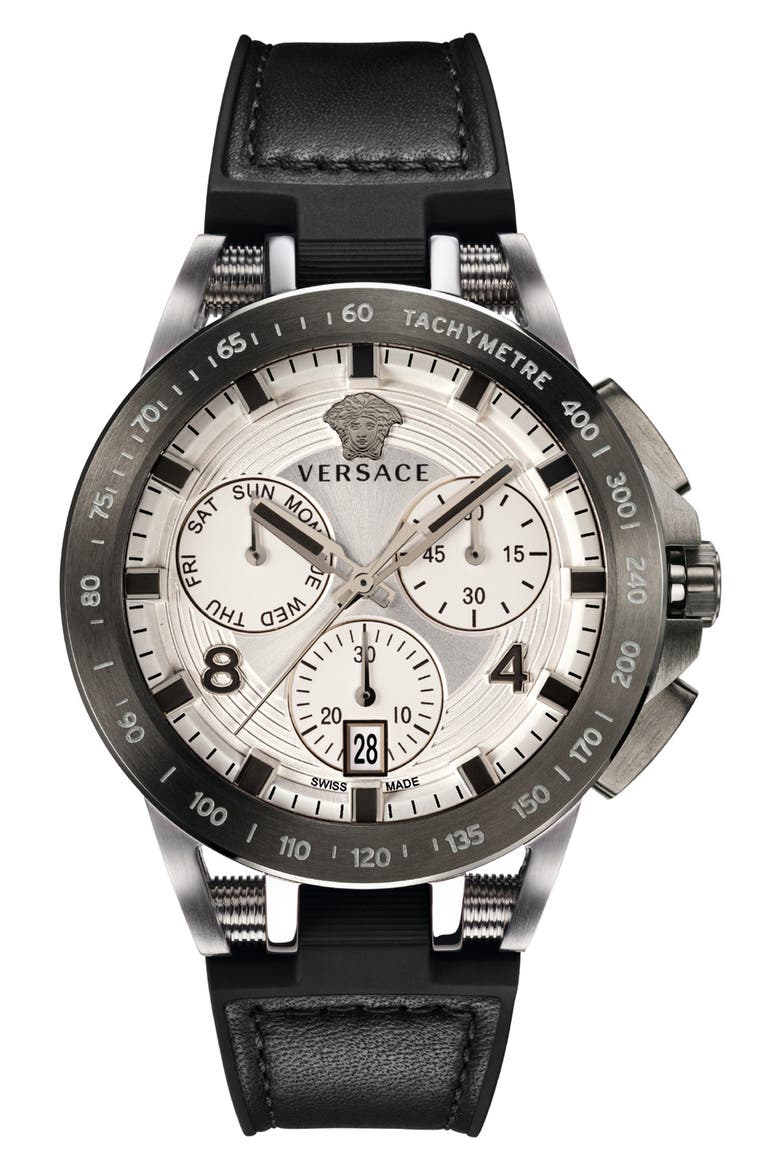 Sport Tech Chronograph Leather Strap Watch, 45mm, Main, color, BLACK/ SILVER