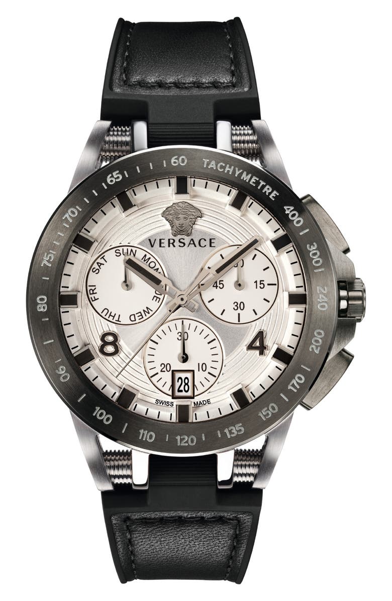 Versace Sport Tech Chronograph Leather Strap Watch, 45mm, Main, color, 