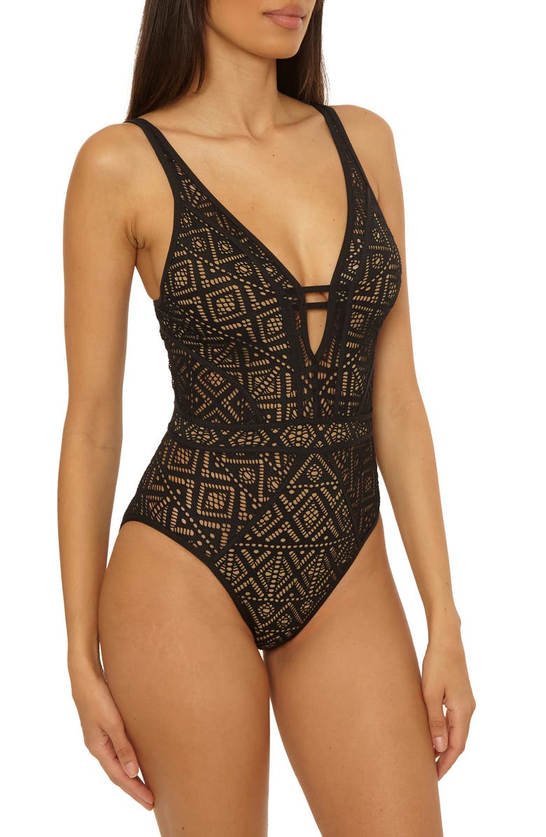 Becca Keyhole One-Piece Swimsuit, Alternate, color, Black/ Tan