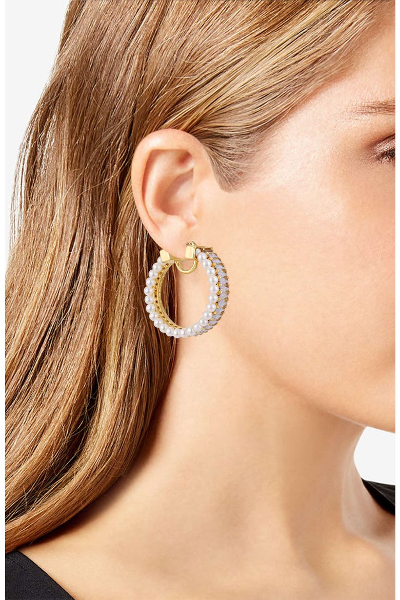 Hoop Earrings with Pearls Baguette Crystals, Alternate, color, 14K Gold Plated