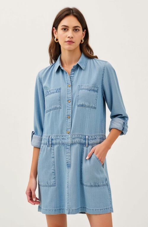 Modenaire Long-sleeve Button-front Denim Mini Dress In Light Blue