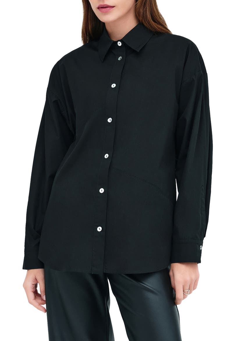 Ezra High-Low Cotton Button-Up Shirt, Main, color, BLACK
