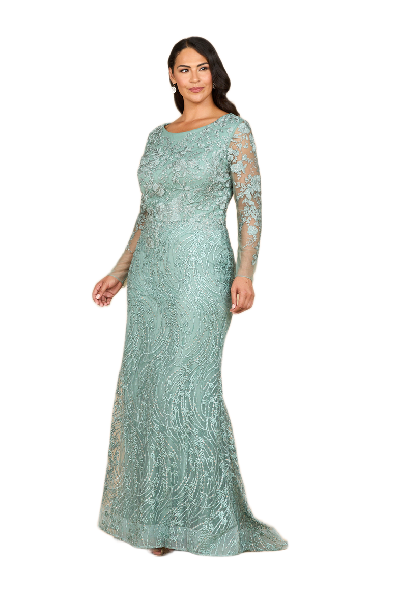Long Sleeve Gown with Overskirt & Illusion Neckline, Alternate, color, Sage