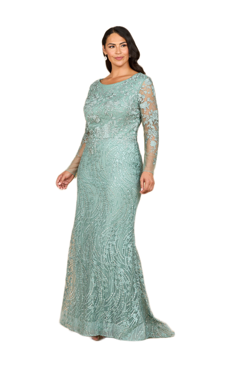 LARA New York Long Sleeve Gown with Overskirt & Illusion Neckline, Alternate, color, Sage