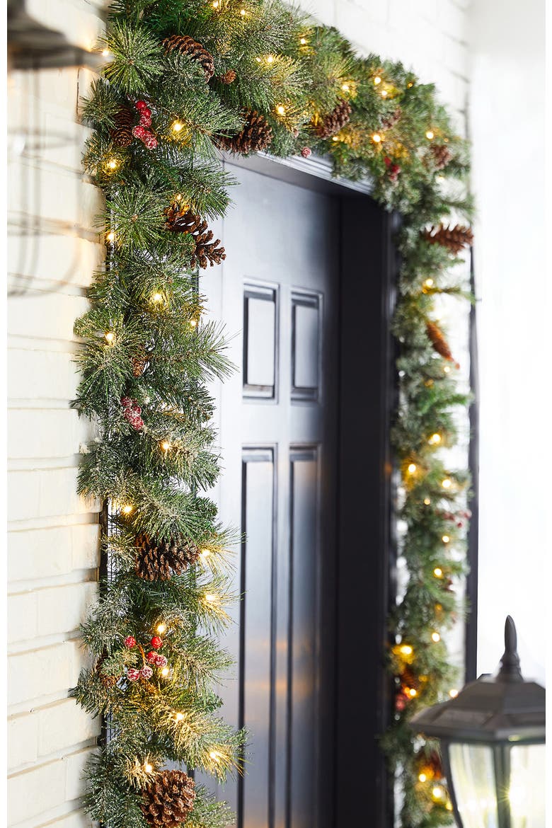 9ft Lighted Christmas Garland with Pine Cone and Timer, Alternate, color, Glittered Green